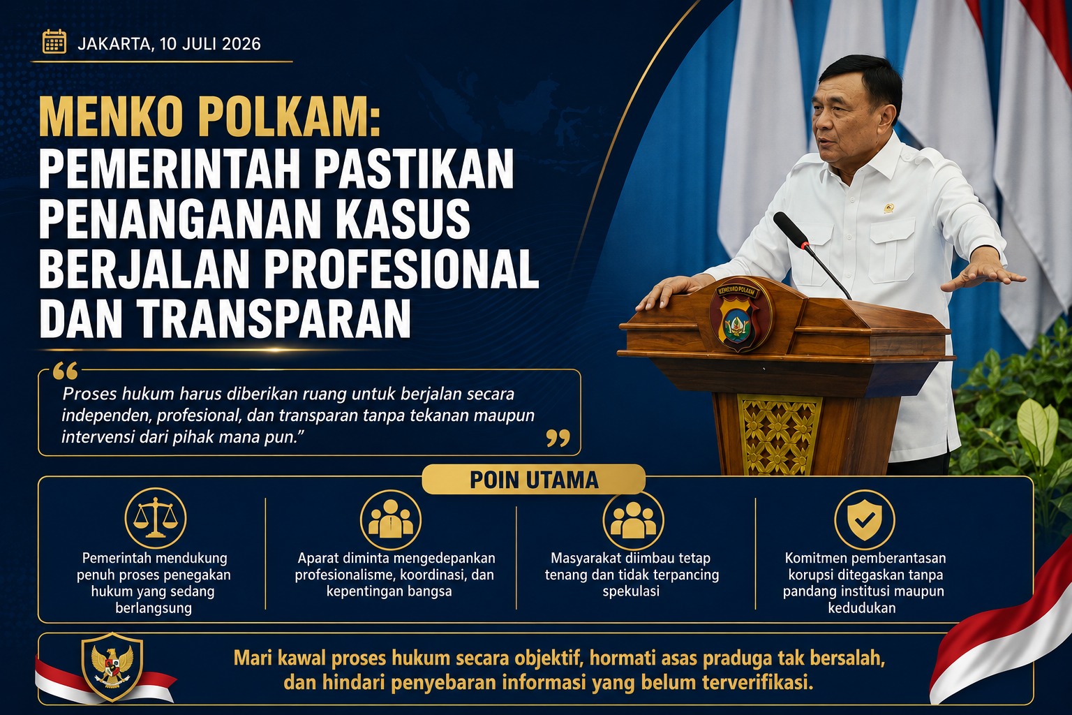 Menko Polkam Tegaskan Penanganan Kasus Hukum Berjalan Profesional, Mandiri, dan Transparan